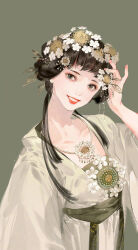 1girl black_hair chinese_clothes duijin_ruqun earrings flower green_background green_hanfu green_theme grey_eyes hair_flower hair_ornament hanfu highres ibuki_satsuki jewelry long_hair long_sleeves looking_at_viewer necklace original realistic sash smile solo upper_body wide_sleeves