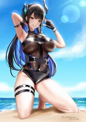 1girl absurdres arm_behind_head arm_strap arm_up armpits beach black_gloves black_hair black_horns black_one-piece_swimsuit blue_hair blue_sky breasts colored_inner_hair fingerless_gloves gloves grin highres hololive hololive_english holonatsu_paradise horns kneeling large_breasts long_hair mole mole_on_thigh mole_under_eye multicolored_hair nerissa_ravencroft o-ring o-ring_thigh_strap official_alternate_costume one-piece_swimsuit outdoors red_eyes sand sky smile snipsman solo sweat swimsuit thigh_strap virtual_youtuber