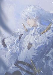 1boy absurdres arm_belt armor belt berserk blue_background blue_eyes breastplate closed_mouth feathers floating_hair griffith_(berserk) hair_over_shoulder highres long_hair looking_down looking_to_the_side male_focus multiple_belts profile solo suiranbukundanjiushixiangshuijueni sword three_quarter_view upper_body wavy_hair weapon white_background white_hair