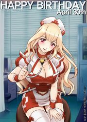 1girl artist_name banghwadongjopidi blonde_hair bow bow_legwear breasts cabinet character_name cleavage collarbone commentary_request copyright_name dated desk dress english_text florence_(master_of_eternity) happy_birthday hat head_tilt heart highres holding holding_stethoscope indoors korean_commentary large_breasts leaning_forward master_of_eternity nurse nurse_cap pencil_skirt puffy_short_sleeves puffy_sleeves red_bow red_dress red_eyes short_sleeves sitting skirt solo stethoscope stool thighhighs two-tone_dress variant_set white_dress white_hat white_thighhighs window_blinds