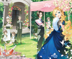 3boys 4girls :d ^_^ black_hair black_jacket black_necktie black_pants blonde_hair blue_dress blue_eyes blue_flower blue_necktie blue_rose bottle box brown_hair champagne_flute closed_eyes closed_mouth collared_shirt commentary_request copyright_notice copyright_request cup day dress drinking_glass flower folding_fan formal_clothes gift gift_box grey_vest hair_between_eyes hand_fan head_tilt holding holding_fan holding_gift hu_kotora jacket long_hair multiple_boys multiple_girls necktie novel_illustration official_art open_mouth outdoors pants pink_flower pink_rose puffy_short_sleeves puffy_sleeves red_flower red_rose ringlets rose shirt short_sleeves smile squatting suit very_long_hair vest white_flower white_rose white_shirt yellow_flower yellow_rose
