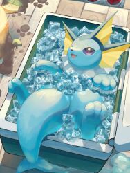 animal_focus blue_eyes blue_sclera colored_sclera cooler fins forked_tail gen_1_pokemon head_fins highres ice ice_cube looking_at_viewer nintendo no_humans open_mouth p9kfxaofqi54546 pokemon pokemon_(creature) pokemon_focus smile solo tail vaporeon