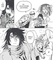 3boys animal animal_earrings ascot black_hair chewing cid_highwind claws cloak facial_hair feeding final_fantasy final_fantasy_vii flame-tipped_tail furrowed_brow gloves goggles goggles_on_head greyscale grin hair_between_eyes headband hershey&#039;s_kisses highres jacket long_hair male_focus monochrome multiple_boys peonrin red_xiii scar scar_across_eye scar_on_face short_hair smile teeth vincent_valentine white_ascot
