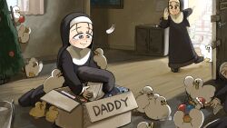 4girls :d aged_down baby_animal bird black_footwear black_hair blonde_hair blue_eyes book bucket chicken christmas christmas_tree commentary diva_(hyxpk) duck duckling english_commentary fallen_down feathers freckles freckles_nun_(diva) gift grey_hair habit hat highres leaf_nun_(diva) little_nuns_(diva) mole mole_on_cheek multiple_girls nun open_mouth pointing santa_hat slice_of_life smile strict_nun_(diva) tears traditional_nun wig