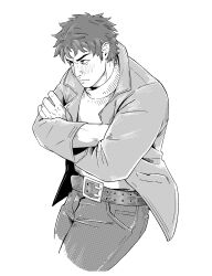 Rule 34 | 1boy, absurdres, belt, belt buckle, blush, buckle, closed mouth, commentary request, cropped legs, crossed arms, fear &amp; hunger (series), fear &amp; hunger 2: termina, greyscale, highres, jacket, long sleeves, male focus, marcoh (fear &amp; hunger), monochrome, open clothes, open jacket, pants, shirt, simple background, solo, spanish commentary, trejoshurtado, white background