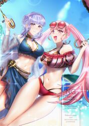 Rule 34 | 2girls, alternate costume, bikini, blue bikini, blue hair, blue sarong, braid, breasts, brown eyes, cleavage, crown braid, eyewear on head, fire emblem, fire emblem: three houses, fire emblem heroes, gluteal fold, highres, hilda valentine goneril, hilda valentine goneril (summer), holding, holding umbrella, large breasts, long hair, looking at viewer, marianne von edmund, marianne von edmund (summer), multiple girls, navel, nintendo, off-shoulder bikini, off shoulder, official alternate costume, open mouth, parasol, pink-tinted eyewear, pink bikini, pink eyes, pink hair, ponpoko illust, sarong, smile, striped bikini, striped clothes, sunglasses, swimsuit, tinted eyewear, twintails, umbrella, vertical-striped bikini, vertical-striped clothes