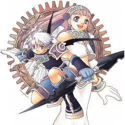 1990s_(style) 1999 1boy 1girl :d ahoge black_footwear black_shirt blue_eyes blue_gloves blue_hairband blue_shorts boots brother_and_sister closed_mouth dated elena_(kouklotheatro) gloves hairband holding holding_weapon key knee_boots kouklotheatro long_hair looking_at_viewer luke_(kouklotheatro) midriff non-web_source ohse_kohime open_mouth parted_bangs pink_hair red_eyes retro_artstyle shirt shorts siblings signature sleeveless sleeveless_shirt smile squatting tassel weapon white_gloves white_hair white_shirt white_wings wings