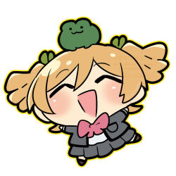 Rule 34 | 1girl, :d, ^ ^, animal, animal on head, black socks, blonde hair, blush, bow, bowtie, breast pocket, brown shoes, chibi, closed eyes, commentary request, daiba nana, facing viewer, frog, frog on head, full body, green ribbon, grey jacket, grey skirt, hair between eyes, hair ribbon, hands up, jacket, long sleeves, maki2mawaru, miniskirt, on head, open clothes, open jacket, open mouth, outline, outstretched arms, pleated skirt, pocket, red bow, red bowtie, ribbon, school uniform, seishou music academy uniform, shoes, short twintails, shoujo kageki revue starlight, simple background, skirt, smile, socks, solo, standing, standing on one leg, twintails, white background, yellow outline