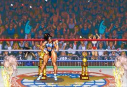 4girls 6+boys amazon_warrior black_widow_(muscle_bomber) blonde_hair breasts brown_hair capcom cheering confetti curvy hand_on_own_hip happy highleg highleg_leotard indoors large_breasts leotard multiple_boys multiple_girls muscle_bomber muscular pixel_art side_ponytail slam_masters solo_focus standing thick_thighs thighs toned trophy wide_hips wrestler wrestling_ring