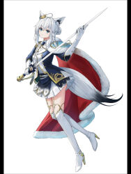 1girl ahoge animal_ear_fluff animal_ears black_jacket blue_skirt blush boots braid cape commentary_request crown earrings fox_ears fox_girl fox_tail fur-trimmed_cape fur_trim garter_belt gloves green_eyes gurameso hair_between_eyes hair_bun high_heels highres holding holding_sword holding_weapon hololive jacket jewelry looking_at_viewer mini_crown pillarboxed shirakami_fubuki shirakami_fubuki_(fbkingdom) shirt sidelocks simple_background single_braid skirt smile solo sword tail thigh_boots virtual_youtuber weapon white_background white_boots white_gloves white_hair white_shirt white_skirt