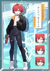 :d absurdres ange_katrina ange_katrina_(5th_costume) ankle_boots aqua_background aqua_border belt ben-day_dots black_choker black_jacket blue_eyes blurry blurry_background blush boots border brown_belt character_name choker collarbone commentary_request crossed_bangs crying denim drop_shadow earrings full_body gold_earrings grey_pants grin gun hair_between_eyes hair_ornament hairclip hand_up handgun hatyuuruinohito highres holding holding_gun holding_weapon jacket jeans jewelry lace-up_boots long_sleeves looking_at_viewer multiple_expressions multiple_views nijisanji open_clothes open_jacket open_mouth orange_jacket outside_border pants partially_translated pendant_choker puckered_lips quilted_jacket red_hair screentones shirt shirt_tucked_in short_hair single_earring single_hair_intake smile standing teeth torn_clothes torn_jeans torn_pants translation_request triangle_earrings two-sided_fabric two-sided_jacket upper_teeth_only virtual_youtuber weapon white_boots white_shirt