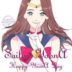 1girl bishoujo_senshi_sailor_moon blue_eyes blue_sailor_collar brown_hair choker circlet closed_mouth commentary cosplay elbow_gloves english_commentary girls&#039;_generation gloves happy_birthday long_hair looking_at_viewer sailor_collar sailor_moon sailor_moon_(cosplay) shuukhov smile solo upper_body white_gloves yoona_(girls&#039;_generation)