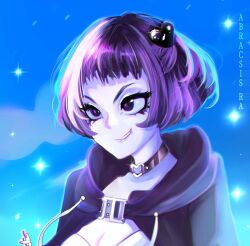1girl abracsis_ra blue_sky breasts buckle choker cleavage colored_skin heart heart-shaped_buckle highres neon_violet neon_white purple_eyes purple_hair short_hair sky white_skin