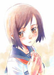 1girl blush brown_hair female_focus nyaou own_hands_clasped own_hands_together revision school_uniform serafuku short_hair solo