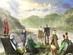 1990s_(style) 3d 3girls 6+boys brother_and_sister cain_highwind cecil_harvey cloud day everyone final_fantasy final_fantasy_iv edward_chris_von_muir green_hair mountain multiple_boys multiple_girls nature official_art aged_up outdoors palom porom rainbow rosa_farrell rydia_(ff4) siblings sky water waterfall yang_fang_leiden