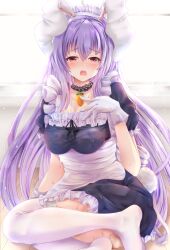 1girl absurdres alternate_costume animal_ears apron arm_behind_back blue_dress blush breasts carrot_necklace cleavage dress embarrassed frilled_dress frills full_body gloves guchadoro hair_between_eyes hand_on_own_chest hand_up highres jewelry legs_folded long_hair looking_at_viewer maid_headdress medium_breasts necklace on_floor purple_hair rabbit_ears rabbit_girl rabbit_tail red_eyes reisen_udongein_inaba sitting solo tail textless_version thighhighs touhou very_long_hair wet wet_apron wet_clothes wet_dress white_apron white_gloves