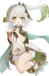 1girl absurdres bare_shoulders bloomers commentary_request detached_sleeves dress floating floating_hair four-finger_heart_hands full_body genshin_impact gold_trim gradient_hair green_eyes green_hair green_sleeves hair_between_eyes hair_ornament hands_up heart heart_hands highres iroha_(mimi0618xx) leaf_hair_ornament long_hair looking_at_viewer multicolored_hair nahida_(genshin_impact) parted_lips pointy_ears side_ponytail simple_background sleeveless sleeveless_dress solo star-shaped_pupils star_(symbol) stirrup_legwear symbol-shaped_pupils toeless_legwear toes underwear white_background white_bloomers white_dress white_hair