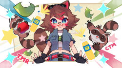 1girl :d animal_ears artist_name bandaid bandaid_on_face bandaid_on_nose belt belt_buckle black_gloves black_shorts blue_eyes blue_jacket blue_overskirt brand_name_imitation breast_pocket bright_pupils brown_hair buckle chest_strap colored_tips commentary commission criss-cross_straps cropped_jacket fang fingerless_gloves gloves goggles goggles_on_head hair_flaps highres imars inca_kola indie_virtual_youtuber jacket leaf leaf_brooch light_blush looking_at_viewer midriff multi-source_commentary multicolored_hair open_mouth peru pocket profanity raccoon raccoon_ears raccoon_girl raccoon_tail rakkun_sutaru red_belt red_hair shirt short_hair short_sleeves shorts skin_fang smile soda_bottle spanish_commentary sparkle star_(symbol) tail turtleneck turtleneck_jacket two-tone_hair v-shaped_eyebrows virtual_youtuber watermark white_pupils white_shirt