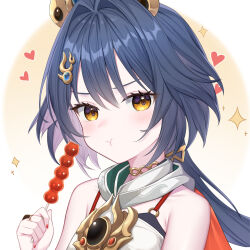 1girl :t armpit_crease bare_shoulders bencao_gangmu_(anquan_sy) black_bra bra chinese_clothes chinese_commentary choker commentary_request grey_hair hair_between_eyes hair_ornament hairclip headpiece heart highres holding holding_skewer honkai:_star_rail honkai_(series) long_hair looking_at_viewer partial_commentary portrait red_nails simple_background skewer solo sparkle tanghulu underwear yellow_eyes yunli_(honkai:_star_rail)