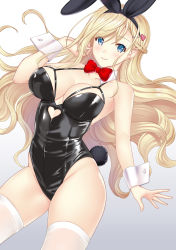 1girl animal_ears black_leotard blonde_hair blue_eyes bow bowtie braid breasts caution_tape cleavage closed_mouth clothing_cutout cowboy_shot detached_collar fake_animal_ears hair_between_eyes hair_ornament hairclip hataraki_kuma heart_cutout highres keep_out leotard long_hair looking_at_viewer medium_breasts original playboy_bunny rabbit_ears rabbit_tail red_bow red_bowtie solo tail thighhighs white_thighhighs wrist_cuffs