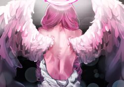 1girl angel angel_wings back backless_dress backless_outfit colored_skin cookie_run cookie_run:_kingdom demon_girl demon_wings dress eternal_sugar_cookie halo highres long_hair pink_hair pink_skin purevanilababo sitting solo very_long_hair white_dress wings