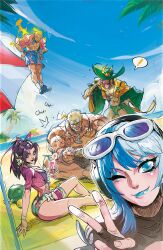 ! 2girls 3boys artist_request beach blonde_hair blue_eyes blue_eyeshadow blue_hair blue_sky cocktail cup drink drinking_glass eyeshadow eyewear_on_head food fruit game_cg hair_ribbon highres holding holding_drink human_torch johnny_storm loki_(marvel) loki_(robe_of_relaxation)_(marvel) long_hair looking_at_viewer luna_snow luna_snow_(cool_summer) makeup marvel marvel_rivals multicolored_hair multiple_boys multiple_girls muscular muscular_male official_alternate_costume official_art one-piece_swimsuit palm_tree playing_games psylocke psylocke_(breezy_butterfly) purple_hair ribbon sky split-color_hair sunglasses swimsuit thor_(marvel) thor_(worthy_waves)_(marvel) tree watermelon