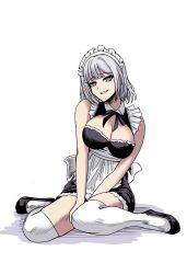 1girl absurdres alternate_costume apron breasts choebal1356201 cleavage detached_collar dress full_body girls&#039;_frontline grey_hair high_heels highres looking_at_viewer maid maid_apron maid_headdress medium_breasts medium_hair on_floor open_mouth purple_eyes rpk-16_(girls&#039;_frontline) simple_background sitting smile solo strapless strapless_dress thighhighs white_background white_thighhighs