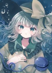 1girl air_bubble black_hat bubble green_eyes grey_hair hat jaku_sono koishi_day komeiji_koishi shirt solo tears third_eye touhou upper_body yellow_shirt
