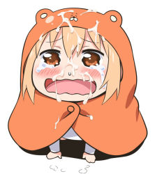 10s 1girl blonde_hair blush brown_eyes crying doma_umaru female_focus hamster_costume himouto!_umaru-chan hood komaru_(himouto!_umaru-chan) long_hair looking_at_viewer messy open_mouth solo suggestive_fluid tears youkan
