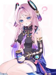 1girl ? black_leotard blue_eyes blush breasts can citlali_(genshin_impact) facial_mark floating_headgear genshin_impact hair_intakes headgear highres holding holding_can kino_(curry_pan) leotard long_hair looking_at_viewer medium_breasts open_mouth parted_bangs pink_hair pink_pupils purple_skirt ribbed_leotard ring_hair_ornament simple_background skirt solo triangle triangle_facial_mark vision_(genshin_impact) watermark white_background