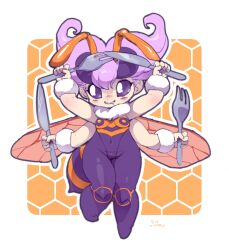 1girl abdomen_tail absurdres antennae arthropod_girl bee_girl blush covered_navel darkstalkers extra_arms fork highres holding holding_fork holding_knife insect_girl insect_wings knife navel purple_eyes purple_hair q-bee short_hair signature skin_tight solo white_background wings woory wrist_cuffs