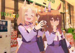 2girls :d ^_^ admire_vega_(umamusume) amane_hikari animal_ears back_bow bag blonde_hair blurry blurry_background blush bow bowtie brown_eyes brown_hair brown_tail character_doll closed_eyes commentary doll ear_covers ear_ornament hair_between_eyes hand_on_own_chin happy heart highres holding holding_doll holding_stuffed_toy horse_ears horseshoe_ornament long_hair long_sleeves looking_at_another medium_hair multiple_girls narita_top_road_(umamusume) open_mouth pleated_skirt purple_serafuku purple_shirt purple_skirt sailor_collar sailor_shirt school_bag school_uniform serafuku shirt single_ear_cover skirt smile storefront stuffed_toy tracen_school_uniform umamusume white_bow white_bowtie winter_uniform yellow_tail