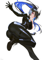 Rule 34 | 1girl, alternate costume, arm strap, ass, asymmetrical bangs, asymmetrical horns, belt, bikini, black belt, black bikini, black bodysuit, black gloves, black hair, blue hair, bodysuit, breasts, chest harness, cleavage cutout, clothing cutout, colored inner hair, demon horns, floating hair, foot out of frame, from below, gloves, harness, high ponytail, highres, hololive, hololive english, horns, large breasts, leg up, long hair, looking at viewer, mole, mole under eye, multicolored hair, multiple belts, nerissa ravencroft, otter paw (otter696969), ponytail, red eyes, shoe soles, sidelocks, signature, simple background, skin tight, solo, spy, swimsuit, thigh strap, tight clothes, uneven horns, virtual youtuber, white background