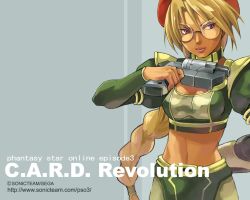 1girl blonde_hair braid breasts copyright_name cowboy_shot dark-skinned_female dark_skin english_text female_focus glasses grey_background gun handgun hat lips long_hair long_sleeves midriff navel phantasy_star phantasy_star_online pistol puffy_long_sleeves puffy_sleeves ramarl rimless_eyewear rio round_eyewear sega shoulder_pads simple_background solo two-tone_background very_long_hair watermark weapon web_address