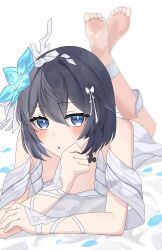 1girl :o absurdres alternate_hair_length alternate_hairstyle barefoot blue_eyes blue_flower blue_hair blurry blurry_background bob_cut dress flower h2o_omizu hair_flower hair_ornament highres honkai_(series) honkai_impact_3rd looking_at_viewer lying on_stomach open_mouth petals seele_vollerei seele_vollerei_(herrscher_of_rebirth) short_hair simple_background soles solo the_pose toes white_background white_dress