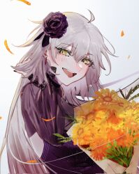 Rule 34 | 1girl, ahoge, black dress, black nails, blush, bouquet, dress, fate/grand order, fate (series), fingernails, flower, grey hair, hair between eyes, hair flower, hair ornament, highres, holding, holding bouquet, jeanne d&#039;arc alter (fate), jeanne d&#039;arc alter (over the same sky) (fate), long hair, long sleeves, looking at viewer, official alternate costume, open mouth, ringo 1046, simple background, smile, solo, very long hair, white background, yellow eyes, yellow flower