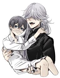 2boys absurdres black_nails blue_eyes blush carrying ciel_phantomhive&#039;s_brother earrings fingernails grey_hair hair_over_eyes highres jewelry kuroshitsuji long_fingernails long_hair male_focus multiple_boys open_mouth pale_skin princess_carry scar shirt short_hair smile teeth undertaker_(kuroshitsuji) uneasywolf upper_teeth_only