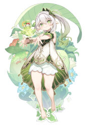 +_+ 1girl absurdres aranara_(genshin_impact) barefoot bloomers blush cloba closed_mouth commentary cross-shaped_pupils dress full_body genshin_impact gradient_hair green_eyes green_hair hair_between_eyes hair_intakes hair_ornament hands_up highres leaf_hair_ornament long_hair looking_at_viewer multicolored_hair nahida_(genshin_impact) pointy_ears shorts side_ponytail smile solo standing symbol-only_commentary symbol-shaped_pupils toes underwear white_bloomers white_dress white_hair white_shorts