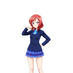 1girl anime_coloring arm_behind_back blazer blue_jacket blue_skirt blush bow bowtie closed_mouth diagonal-striped_bow diagonal-striped_bowtie diagonal-striped_clothes dress_shirt feet_out_of_frame hand_up hirayama_madoka jacket long_sleeves looking_at_viewer love_live! love_live!_school_idol_festival love_live!_school_idol_project medium_hair miniskirt nishikino_maki official_art otonokizaka_school_uniform pigeon-toed plaid_clothes plaid_skirt pleated_skirt purple_eyes red_hair school_uniform shirt short_hair skirt smile solo standing striped_clothes transparent_background white_shirt winter_uniform