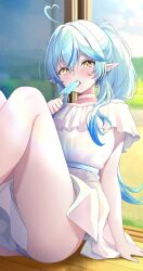 Rule 34 | 1girl, adversarial noise, ahoge, artist request, blue hair, blush, choker, colored tips, dress, eating, elf, food, food in mouth, hair between eyes, heart, heart ahoge, highres, holding, holding food, hololive, holonatsu paradise, long hair, looking at viewer, multicolored hair, official alternate costume, panties, pointy ears, ponytail, popsicle, popsicle in mouth, sitting, solo, thighs, underwear, virtual youtuber, white dress, yellow eyes, yukihana lamy, yukihana lamy (holonatsu paradise)