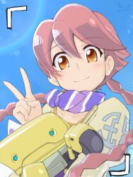 Rule 34 | 1girl, apocalypse hotel, artist name, blue sky, blush, braid, brown eyes, brown hair, closed mouth, commentary request, day, double-parted bangs, flycatcher robot, hair between eyes, highres, lens flare, long hair, long sleeves, looking at viewer, low twin braids, multicolored scarf, non-humanoid robot, outdoors, robot, scarf, sky, smile, solo, split mouth, striped clothes, striped scarf, tei-o, twin braids, upper body, v, viewfinder, yachiyo (apocalypse hotel)