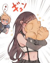 Rule 34 | 1boy, 1girl, 2025, armor, artist name, bare shoulders, black gloves, black hair, black skirt, blonde hair, blush, brown gloves, chocobo, closed eyes, cloud strife, commentary, crop top, elbow gloves, emphasis lines, final fantasy, final fantasy vii, final fantasy vii rebirth, final fantasy vii remake, fingerless gloves, gloves, heart, holding, holding stuffed toy, hug, hugging doll, hugging object, linono, long hair, looking at another, low-tied long hair, midriff, navel, open mouth, parted lips, ribbed sweater, shoulder armor, simple background, skirt, sleeveless, sleeveless turtleneck, speech bubble, spiked hair, stuffed toy, suspender skirt, suspenders, sweater, swept bangs, symbol-only commentary, tank top, thought bubble, three quarter view, tifa lockhart, turtleneck, turtleneck sweater, upper body, white background, white tank top