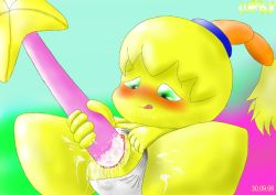 blonde_hair colored_skin fumu green_eyes kirby kirby_(series) masturbation nintendo pussy tiff_(kirby) uncensored yellow_skin