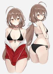 1girl ahoge alternate_costume ass bare_shoulders bikini black_bikini black_choker black_hair breasts brown_eyes brown_hair choker cleavage commentary cropped_legs crossed_bangs double-parted_bangs english_commentary front-tie_bikini_top front-tie_top grin hair_between_eyes hair_ornament highres holding_own_arm hololive hololive_english jacket jacket_partially_removed legs_together letter_hair_ornament light_blush long_hair looking_at_viewer low_ponytail median_furrow medium_breasts multicolored_hair nanashi_mumei navel open_mouth partially_unzipped ponytail red_jacket shuuzo3 side-tie_bikini_bottom simple_background sleeves_past_fingers sleeves_past_wrists smile straight-on streaked_hair swimsuit very_long_hair virtual_youtuber white_background white_hair
