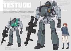 1girl :o absurdres black_shoes blue_necktie blue_socks blue_sweater blush brown_eyes brown_hair collared_shirt commentary_request grey_background grey_skirt gun highres holding holding_gun holding_weapon kopaka_(karda_nui) loafers long_sleeves looking_at_viewer mecha miniskirt necktie original parted_lips puffy_long_sleeves puffy_sleeves ribbed_socks robot school_uniform shirt shoes side_ponytail skirt sleeves_past_wrists socks standing sweater translation_request two-tone_background weapon weapon_on_back white_background white_shirt