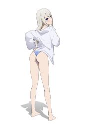 1girl absurdres ass bare_legs barefoot bikini blue_bikini blue_eyes blush closed_mouth commentary coro_fae english_commentary feet from_behind grey_hair hair_between_eyes hand_on_own_hip highres hood hoodie kaguya-sama_wa_kokurasetai_~tensai-tachi_no_renai_zunousen~ legs long_hair long_sleeves looking_at_viewer looking_back paid_reward_available puffy_long_sleeves puffy_sleeves shadow shirogane_kei simple_background small_sweatdrop solo standing swimsuit v-shaped_eyebrows very_long_hair white_background white_hoodie