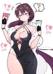 1girl ? breasts cain_lk cocktail_dress criss-cross_halter dolla_(dark_rose)_(nikke) dolla_(nikke) dress gloves goddess_of_victory:_nikke half_gloves halter_dress halterneck highres multi-strapped_dress official_alternate_costume pelvic_curtain purple_eyes solo speech_bubble
