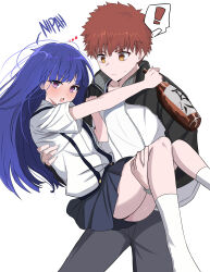 Rule 34 | 1boy, 2girls, :d, absurdres, arm behind back, black hairband, black skirt, blonde hair, blue hair, blunt bangs, blunt ends, blush, bow, bowtie, carrying, carrying person, collared shirt, commentary, crossover, dress, dress shirt, emiya shirou, fate/stay night, fate (series), furude rika, grey background, hair between eyes, hairband, hand up, happy, heart, highres, higurashi no naku koro ni, hime cut, holding hands, igote, interlocked fingers, long hair, multiple crossover, multiple girls, neckerchief, open mouth, orange hair, pink bow, pink bowtie, pink eyes, pleated skirt, puffy short sleeves, puffy sleeves, purple eyes, red hair, sailor collar, sailor dress, shirt, shokobr, short hair, short sleeves, side-by-side, sidelocks, simple background, skirt, smile, smug, straight hair, suspender skirt, suspenders, symbol-only commentary, upper body, white sailor collar, white shirt