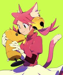 1girl animal_ears bell cat_ears cat_girl cat_tail dummy_(undertale) fluff gloves green_background hair_bell hair_ornament holding kanianoreki mad_mew_mew medium_hair pink_hair pink_shirt shirt short_twintails simple_background skirt smile tail twintails twitter_username undertale white_gloves white_skirt yellow_eyes