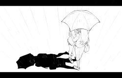 2girls asahina_yuni backpack bag greyscale haoxiangkan_nutong highres hug jacket kyou_wa_kanojo_ga_inai_kara long_hair long_sleeves monochrome multiple_girls pleated_skirt rain shoes shoulder_bag skirt socks taki_fuuko umbrella yuri